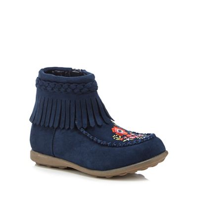 Girls' navy tasseled embroidered ankle boots